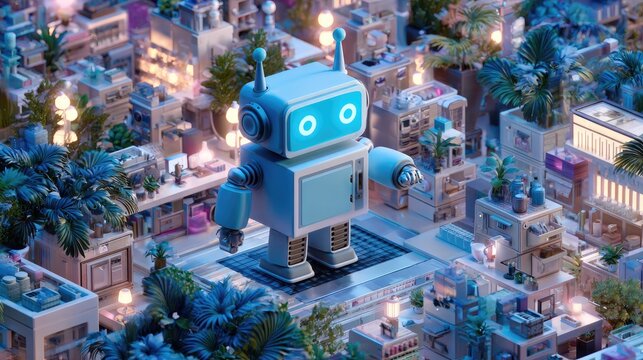 Blue cube robot standing in miniature futuristic city