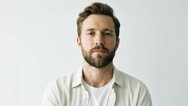 A bearded man with his hand on his chin stares intently at the camera, deep in thought.