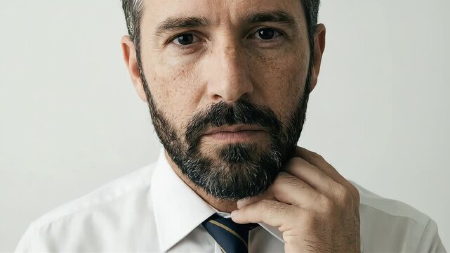 A middle-aged man with a beard touches his cheek while gazing intently at the camera.