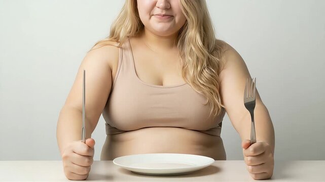 An obese woman smiles, holding a knife and fork in front of an empty plate.