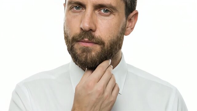 A businessman looks at the camera while touching his beard and neck.