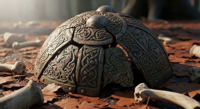 Ornate Broken Viking Shield on Forest Floor