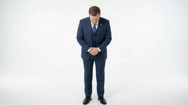 A full-body shot of a white man in a three-piece suit bowing deeply in a studio with a white background.