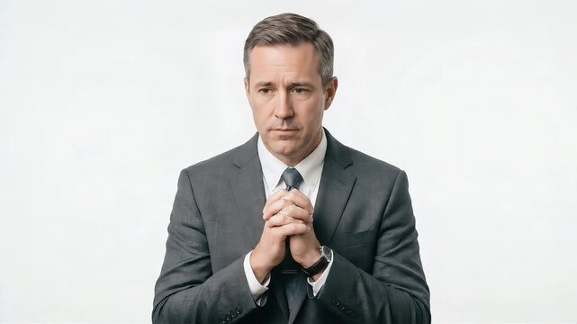 A white man in a suit stands in front of a white background, eyes closed, arms outstretched, then hands clasped together in prayer.