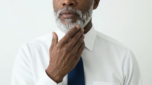 A senior man, with a magnificent beard streaked with gray hairs, places his hand on it and falls into deep thought.