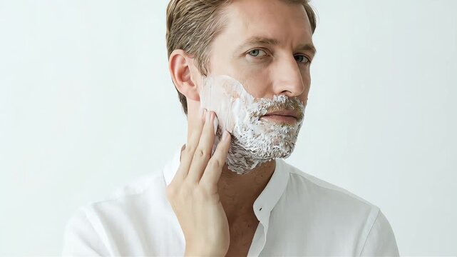 A white man applies shaving cream to his chin before shaving to prepare his beard.