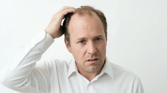 A man looks in the mirror, worriedly checking his receding hairline and thinning hair.