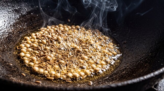 Coriander and cumin seeds sizzling together in hot oil dark iron karahi macro action