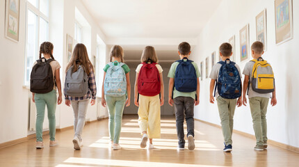 Fototapeta premium Class first day back to school hallway walk kid pastel backpack group happy return. 1st day school education. happy children student classroom, childhood friendship study learning