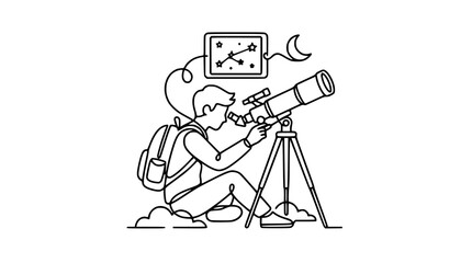 Astronomy enthusiast observing stars through telescope at night, constellation map nearby © Akun