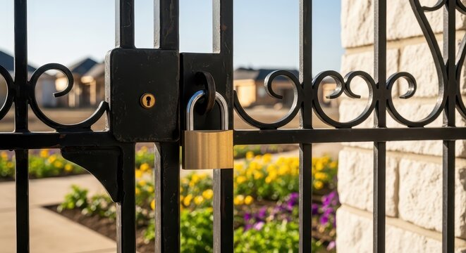 Padlock Securing Ornate Black Metal Gate with Blurred Garden Background