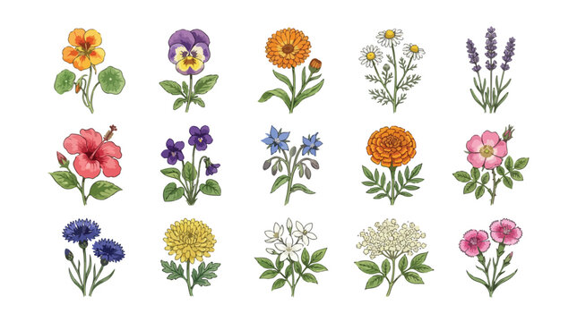 Vintage botanical edible flower collection, set of 15 hand drawn floral illustrations, colorful garden herbs and blossoms vector