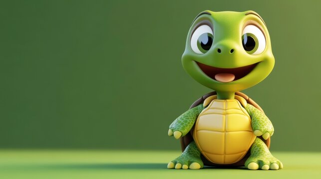 Cute cartoon turtle smiling, green background.