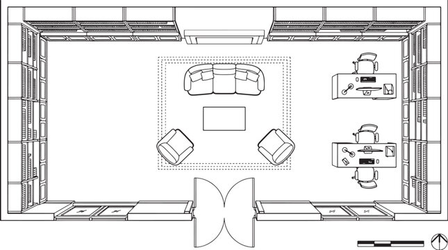 Top view architectural floor plan of a home library with seating area and office desks vector illustration