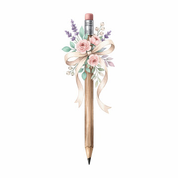 Watercolor Floral Pencil with Pastel Flowers and Ribbon for Teacher Gifts, Stationery and School Design