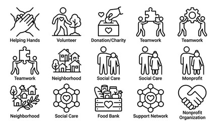 Fototapeta premium Icons representing social responsibility, community support, and charitable giving through teamwork and aid