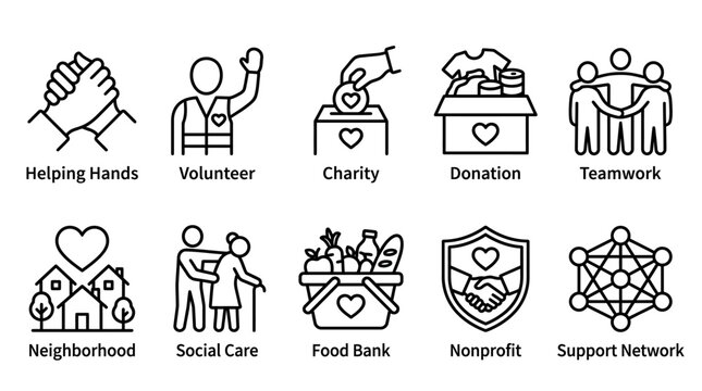 Conceptual vector outline icons for charity, community support, and social welfare initiatives. Covers volunteering, donations, and teamwork, promoting collective aid