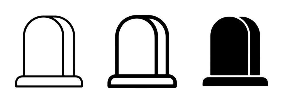 Three Tombstone Icons, Gravestone Vector Graphics, Cemetery Monument Symbols, Memorial Headstone Illustrations, Black and White Grave Markers
