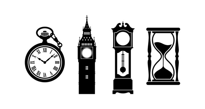 Set of Vintage Timekeeping Devices Featuring Pocket Watch Tower Clock Grandfather Clock and Hourglass Silhouette Designs