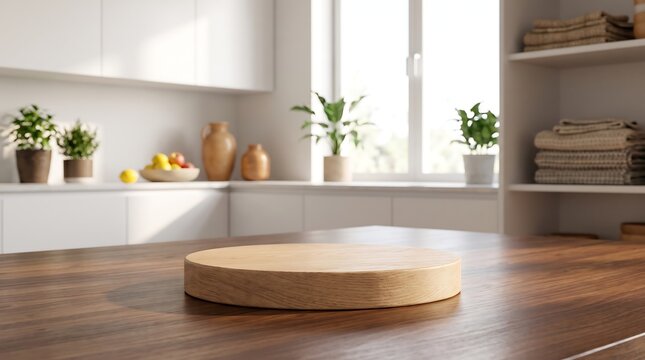 Wooden Podium Display on Table in Bright Modern Kitchen Mockup for Product Presentation and Minimalist Interior Design