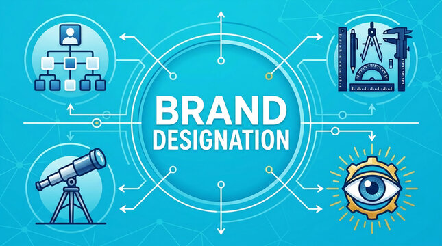 Brand designation process with icons for organization, measurement, observation, and vision, symbolizing strategy and identity development