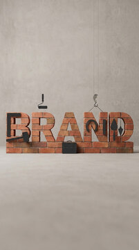 The word BRAND constructed from bricks, with construction tools and a briefcase, symbolizes brand building and business development