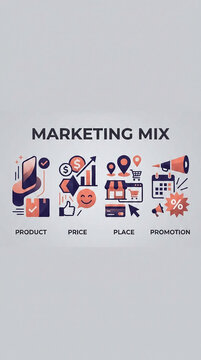 Stylized icons illustrating the four elements of the marketing mix: product, price, place, and promotion, representing business strategy.