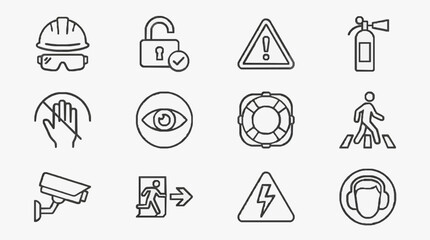 Obraz premium Creative Black and White Line Icons Set Featuring Safety Security and Emergency Symbols for Design Projects
