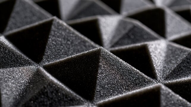 Close-up view of black acoustic foam panels, studio soundproofing texture, recording studio background, professional audio equipment