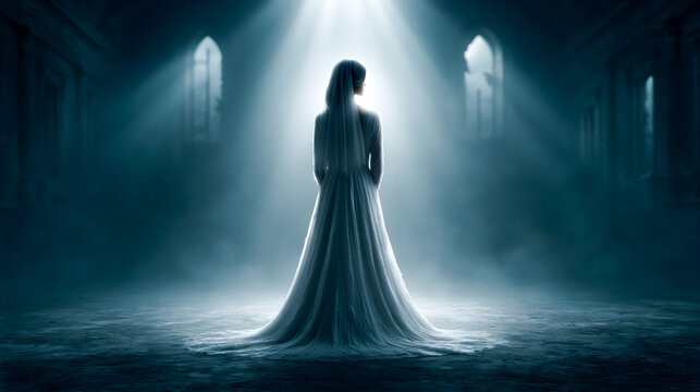 Ghost Bride in White Gown Standing in Abandoned Ballroom