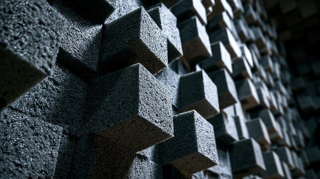 Detailed close-up of black acoustic foam panels, creating a textured, modern, and sound-absorbing wall surface for studio recording