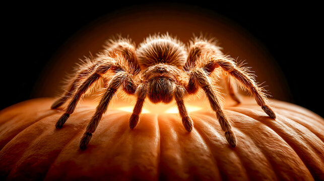 Tarantula Spider Crawling on Carved Halloween Pumpkin