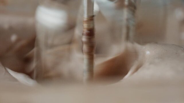 Mixer Blends Batter For A Dessert At Home Close-Up View Of Mixing Ingredients In Slow Motion
