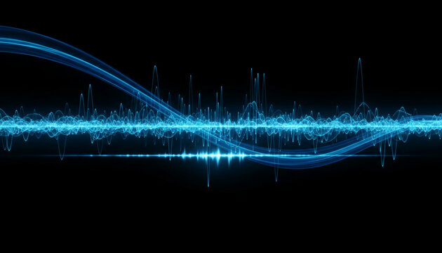 Abstract blue sound waves pulse against a dark background, symbolizing energy, rhythm, and digital communication