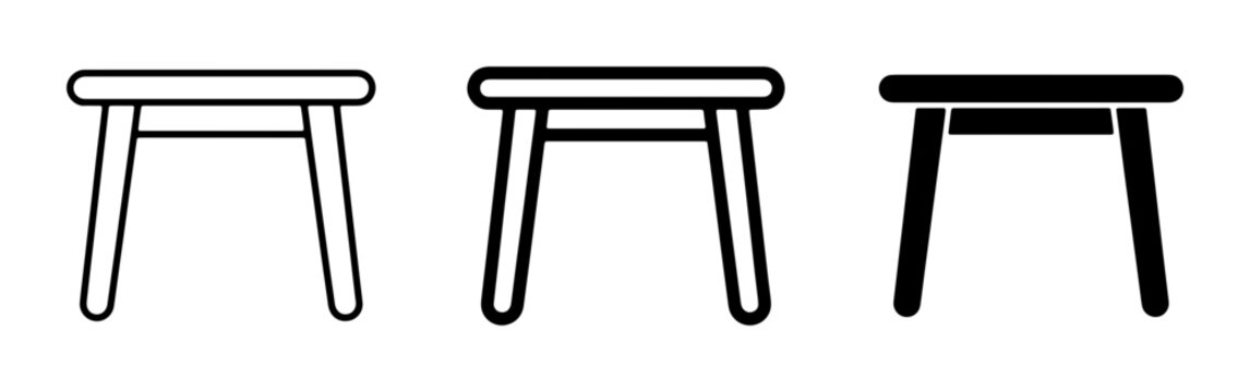 Three Stool Icons, Simple Line Art and Solid Fill Vector Graphics, Minimalist Furniture Symbols for Design Projects