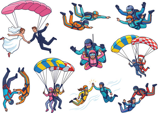 Cute skydiving and parachuting people collection featuring tandem jumps, freefall adventures, and extreme aerial sports vector illustration