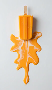 Melting orange popsicle on a white background, symbolizing summer refreshment and melting moments, perfect for food and lifestyle themes