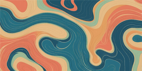 Abstract fluid art with flowing waves in warm pastel colors of peach, blue, and cream creates a visually striking and modern design. © AeroVista
