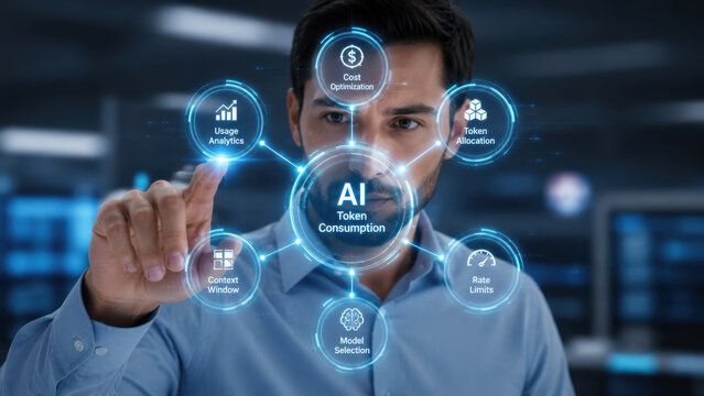 AI token consumption concept for artificial intelligence resource management including cost optimization usage analytics model selection rate limits and context window management