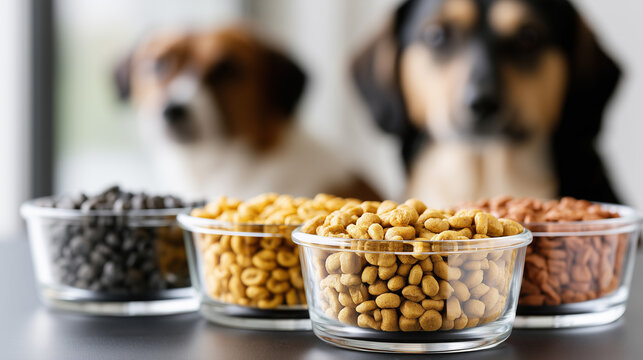 Four glass bowls with different varieties of dry dog food lined up in a row with two blurred dogs waiting in the background.