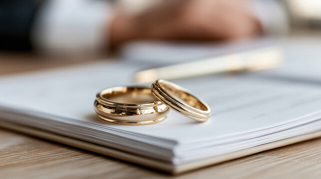 Two golden wedding rings placed on top of official signed legal documents with a blurred pen in background.