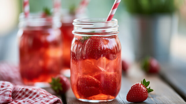 Refreshing strawberry infused water cocktail in a mason jar with a red striped straw on a rustic wooden table.