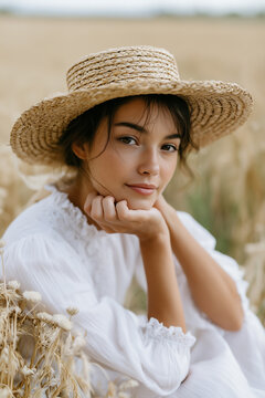 Beautiful young vintage woman in a white dress and straw hat sitting in a golden wheat field during summer.