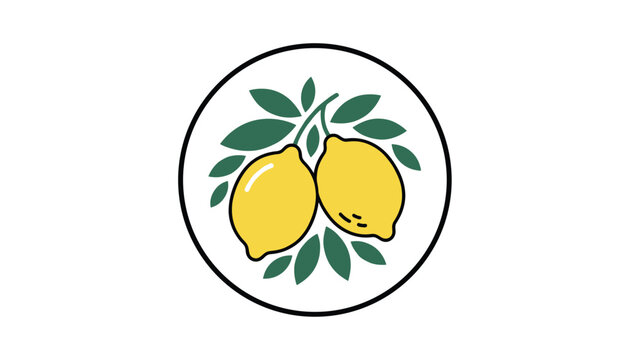 Circular graphic design featuring two fresh yellow lemons on a branch with green leaves over a white background.