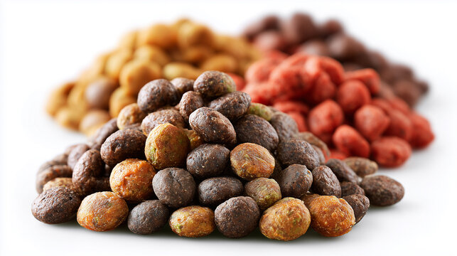 Pile of multi-colored dry pet food kibbles with different flavors and shapes isolated on white background.