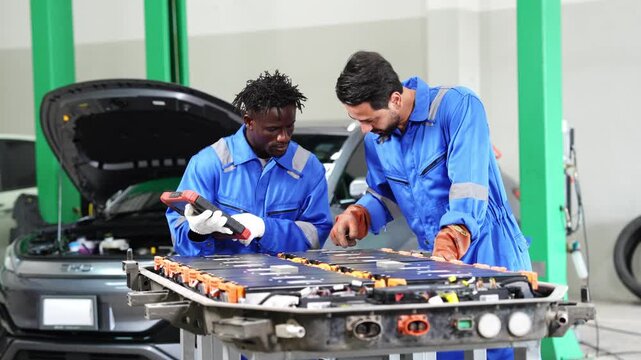 Two mechanics work together to fix an engine in a busy automotive workshop environment