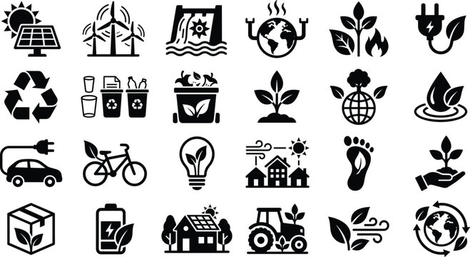  collection of black vector environmental icons featuring renewable energy, recycling, sustainable living, green technology, nature conservation, and eco-friendly practices for modern graphic design.