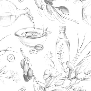Pouring olive oil bottle, glass decanter, tree branch, herbs and garlic mix. Seamless pattern hand drawn in pencil. Specialty food products, restaurant packaging, recipe journals, culinary merchandise