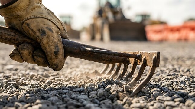 Gloved hand using metal rake to level gravel on roadbed during local infrastructure project