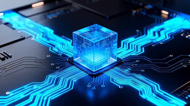 Blue glowing cube on circuit board